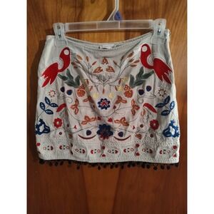 Altar'd State Embroidered Bird Skirt Women's Size S Mini Beige Pom Pom
